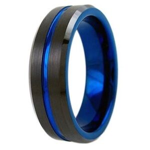 Men's Tungsten Carbide Black and Blue Wedding Engagement Ring Sz 17